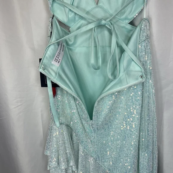 Mac Duggal A11274 Aqua Sequined Halter Cut Out Ruffle Asymmetrical Dress Size 4